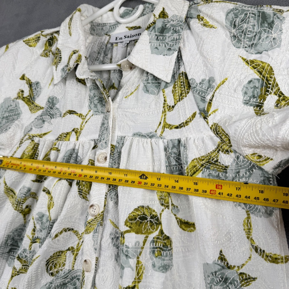 En Saison Floral Tiered Mini Dress White Green Puff Sleeve Eyelet XS IES2993D - Picture 3 of 8